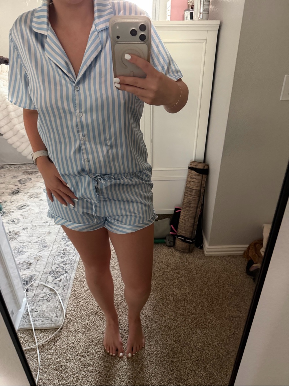 Striped Short Pajama Set - Light Blue & White